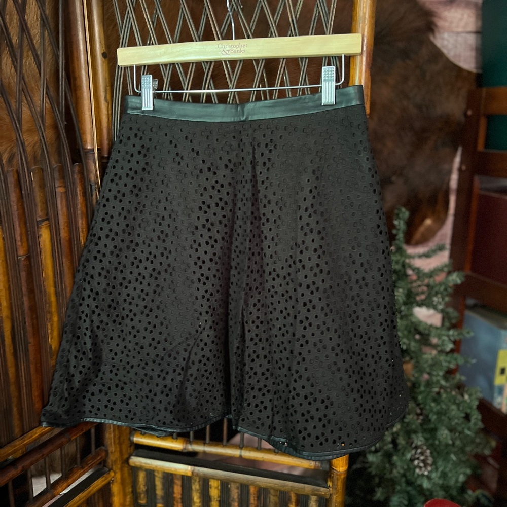 Ann Taylor Black Lace Skirt with faux leather waistband. Lined. Size 2